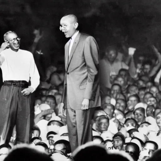 Image similar to Barack Obama having a rap battle against Ghandi, historical photo, 1962