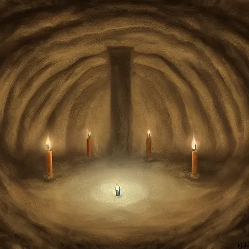 Prompt: vast underground cavernous necropolis with a candle illuminating it, digital painting, dimmed lighting, brown tint, gloomy, photorealistic