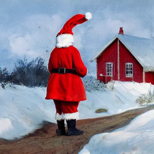 Prompt: a rabbit dressed as santa stands outside a red cottage in the swedish countryside, in the style of anders zorn