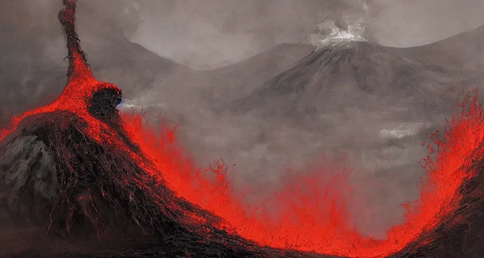 Image similar to a volcano made of ivory vines and crimson rocks enters in eruption, it spits a smoke in the shape of demonic eye, by JAKUB ROZALSKI