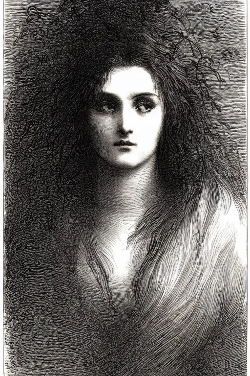 Image similar to extreme close-up hair covering a woman\'s face, forest background, Gustave Dore lithography