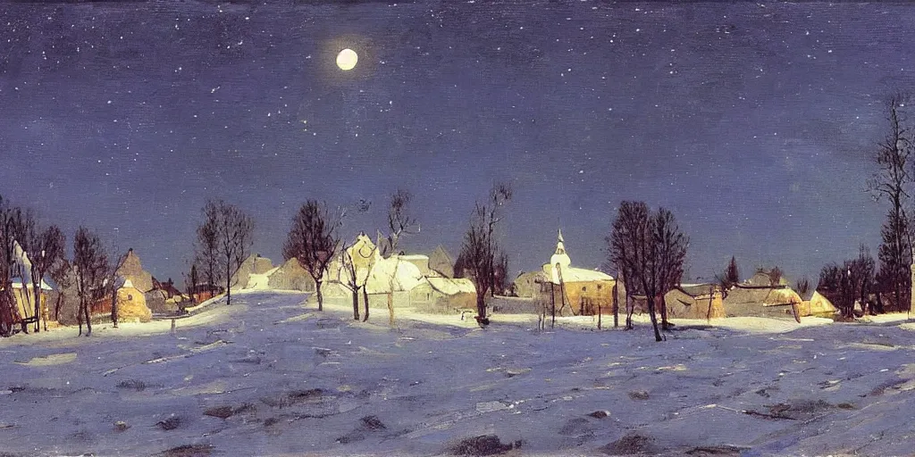 Prompt: a scene of a small rural russian village at night, stars, moon, wintertime, painting by isaac levitan