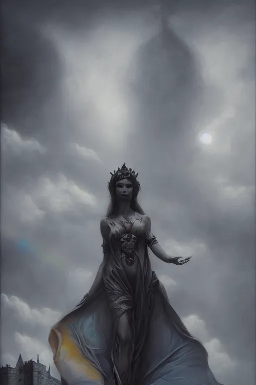 Prompt: By Tom Bagshaw and Boris Vallejo, ultra realist soft painting of a castle court by night female fully dressed, horror, omnious sky, symmetry accurate features, very intricate details, fading rainbow light, black and white, volumetric light clouds, artstation, 8K