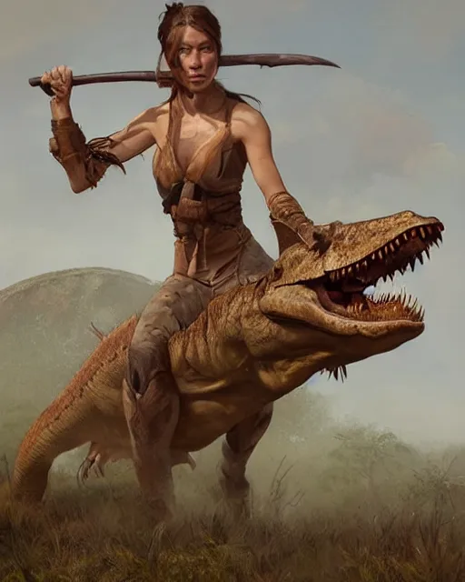 Image similar to hyper realistic photo of prehistoric hunter girl on a dino full body, cinematic, artstation, cgsociety, greg rutkowski, james gurney, mignola, craig mullins, jean baptiste monge, brom