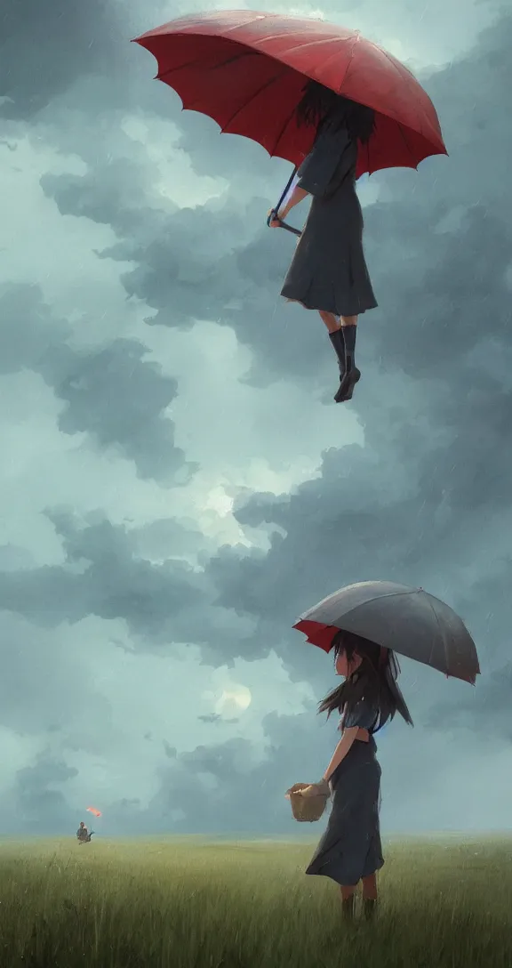 Image similar to Holding an umbrella in a thunderstorm in the prairie, pretty, by Studio Ghibli and Greg Rutkowski, artstation