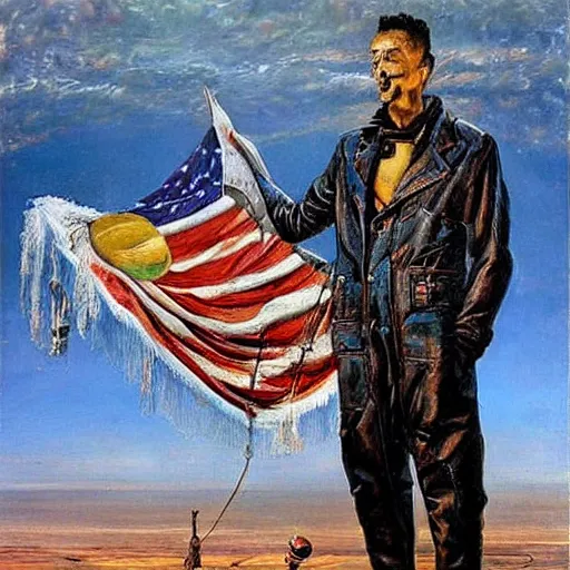 Image similar to by tim okamura improvisational salvador dali. a beautiful installation art of astronaut standing on a planet with a flag in the background.