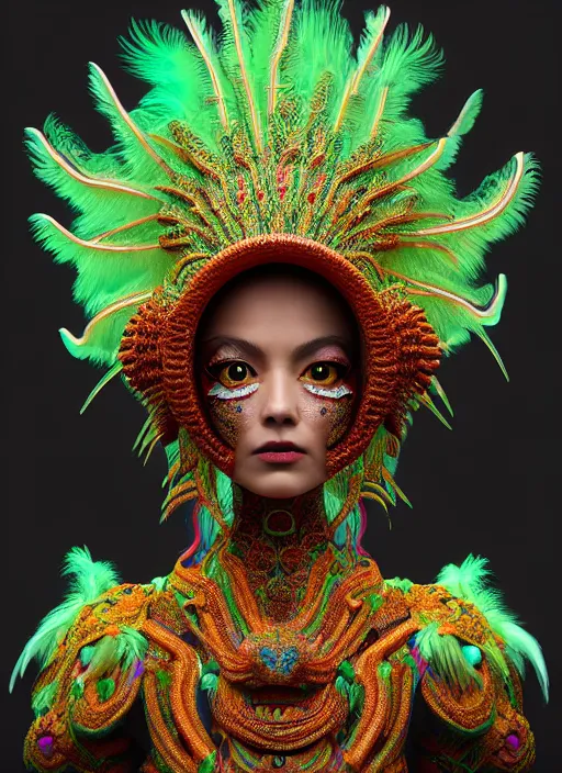 Image similar to 3 d mexican goddess medium shot portrait. beautiful intricate highly detailed quetzalcoatl helm and feathers. low - key lighting, bioluminescent, plasma, lava, ice, water, wind, stingray, magpie, creature, artwork by tooth wu and wlop and beeple and helmut newton, 8 k trending on artstation,