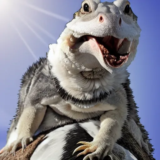 Prompt: bearded dragon riding the back of a siberian husky, photorealistic