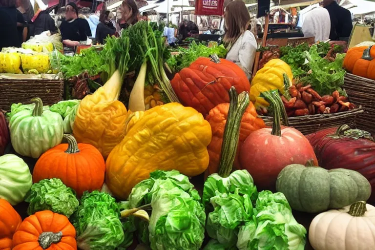 Prompt: photorealistic fall vegetables, beautifully displayed at a farmer's market