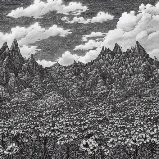 Prompt: Tall mountains and a flower field by Kentaro Miura, highly detailed, black and white