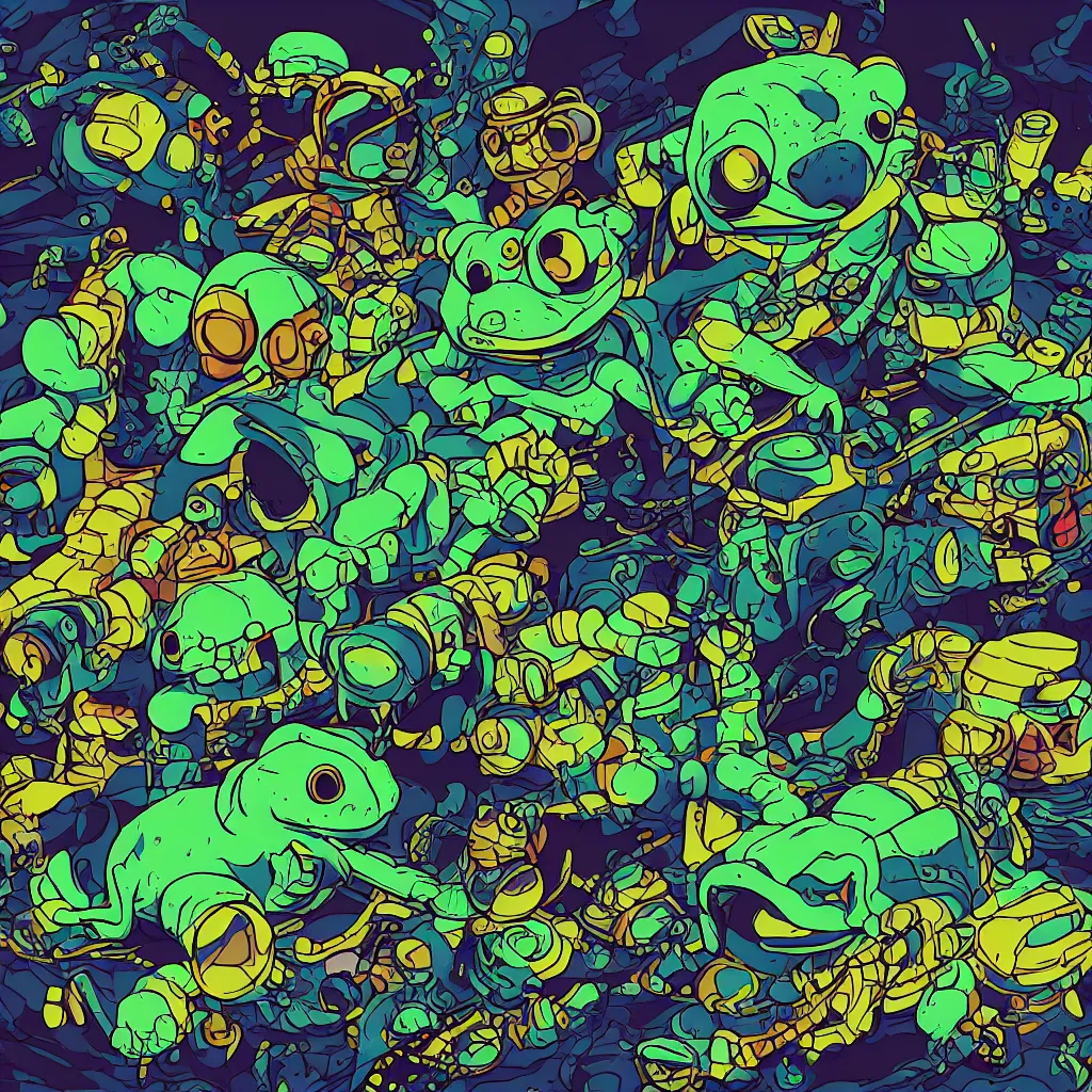 Image similar to toads, deconstructed amphibian, ryuta ueda artwork, breakcore, style of jet set radio, y 2 k, gloom, space, cel - shaded art style, indigo rainbow, data, minimal, code, cybernetic, dark, eerie, cyber