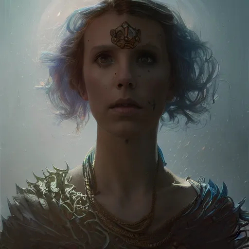 Image similar to Millie Bobby Brown as an undead Lich necromancer, Magic the Gathering art, undead facial features, art by greg rutkowski and alphonse mucha, highly detailed, digital painting, matte painting, concept art, illustration, oppressive lighting, trending on artstation, very detailed