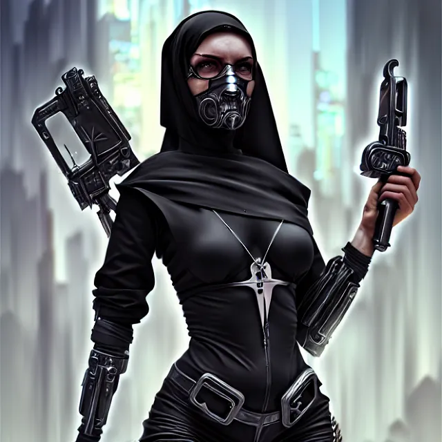 Image similar to cyberpunk nun warrior, highly detailed, 4 k, hdr, smooth, sharp focus, high resolution, award - winning photo, artgerm, photorealistic