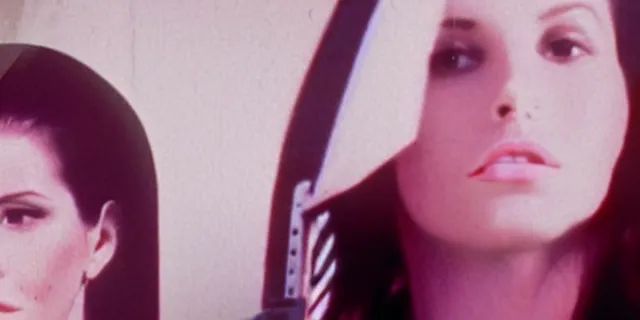 Image similar to lana Del Rey as a serial killer, video still, 80s home video