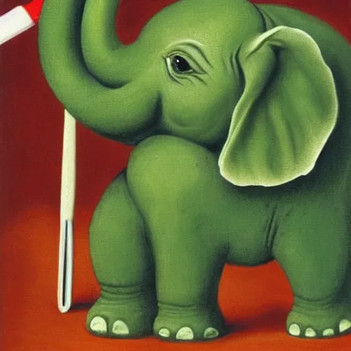 Prompt: cute little green elephant cleaning out a toilet with big toothbrush, dramatic, oil painting by Raphael