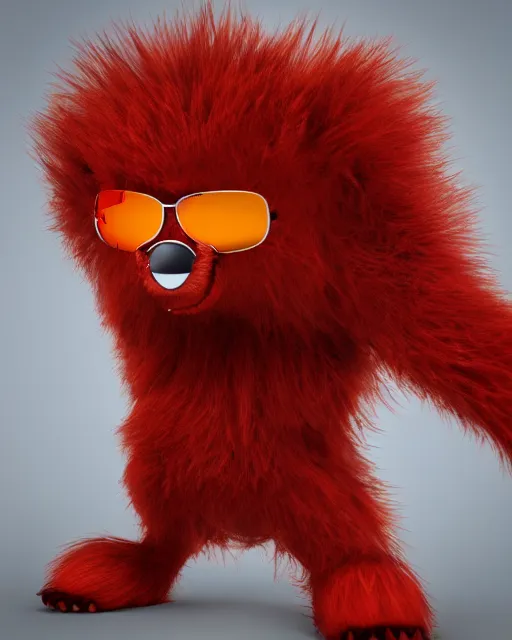 Image similar to 3 d render of completely red hairy friendly creature wearing chrome shades, full body, simple, cute, white background, unreal engine 5 hdr