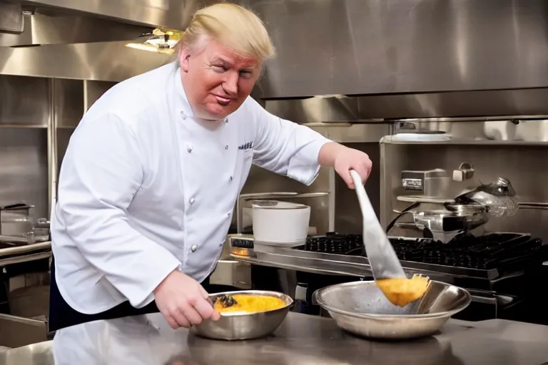 Prompt: high quality photo of fat Donald Trump working as a cook at a diner. He he is cooking on a griddle. He is smiling stupidly. Well lit