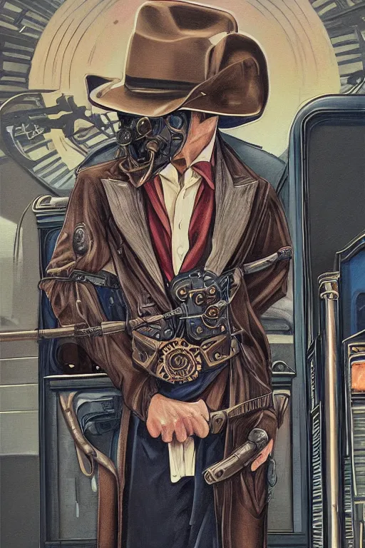 Prompt: a dramatic ethereal epic symmetrical painting of a handsome villainous cowboy standing in front of railroad tracks with a train locomotive | his shirt is unbuttoned and he has a pocketwatch | tarot card, art deco, art nouveau, steampunk, homoerotic, realistic | by mark maggiori and gary bussiere | trending on artstation
