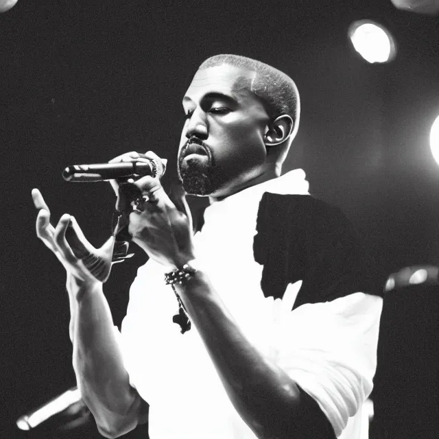 Prompt: A photo of Kanye West performing at a jazz club, black and white, 8K concept art