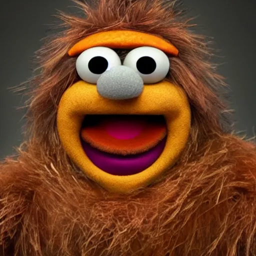 Image similar to a still of a forgotten muppet character looking very manly and modern, hilarious, laughing, hairy chest, huge chin, manly monster tough guy, roughled fur, photo real, photographic, photograph, artstation, trending, featured