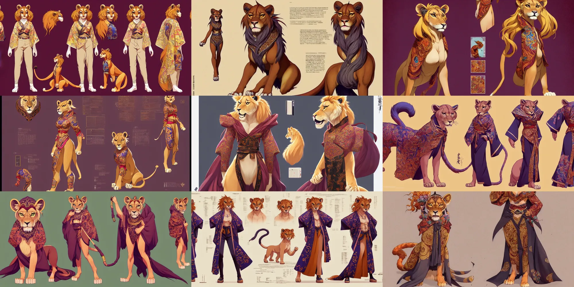 Prompt: beautiful full body portrait of a strong female anthropomorphic lioness fursona wearing an ornate kimono. character reference sheet with 3 6 0 view. character design by disney, anime, manga, charlie bowater, ross tran, artgerm, and makoto shinkai, detailed, soft lighting, rendered in octane