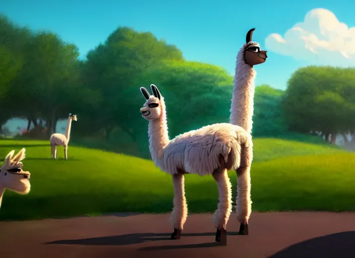 Prompt: a wholesome animation key shot of a llama, new york zoo in the background, studio ghibli, pixar and disney animation, sharp, rendered in unreal engine 5, anime key art by greg rutkowski, bloom, dramatic lighting