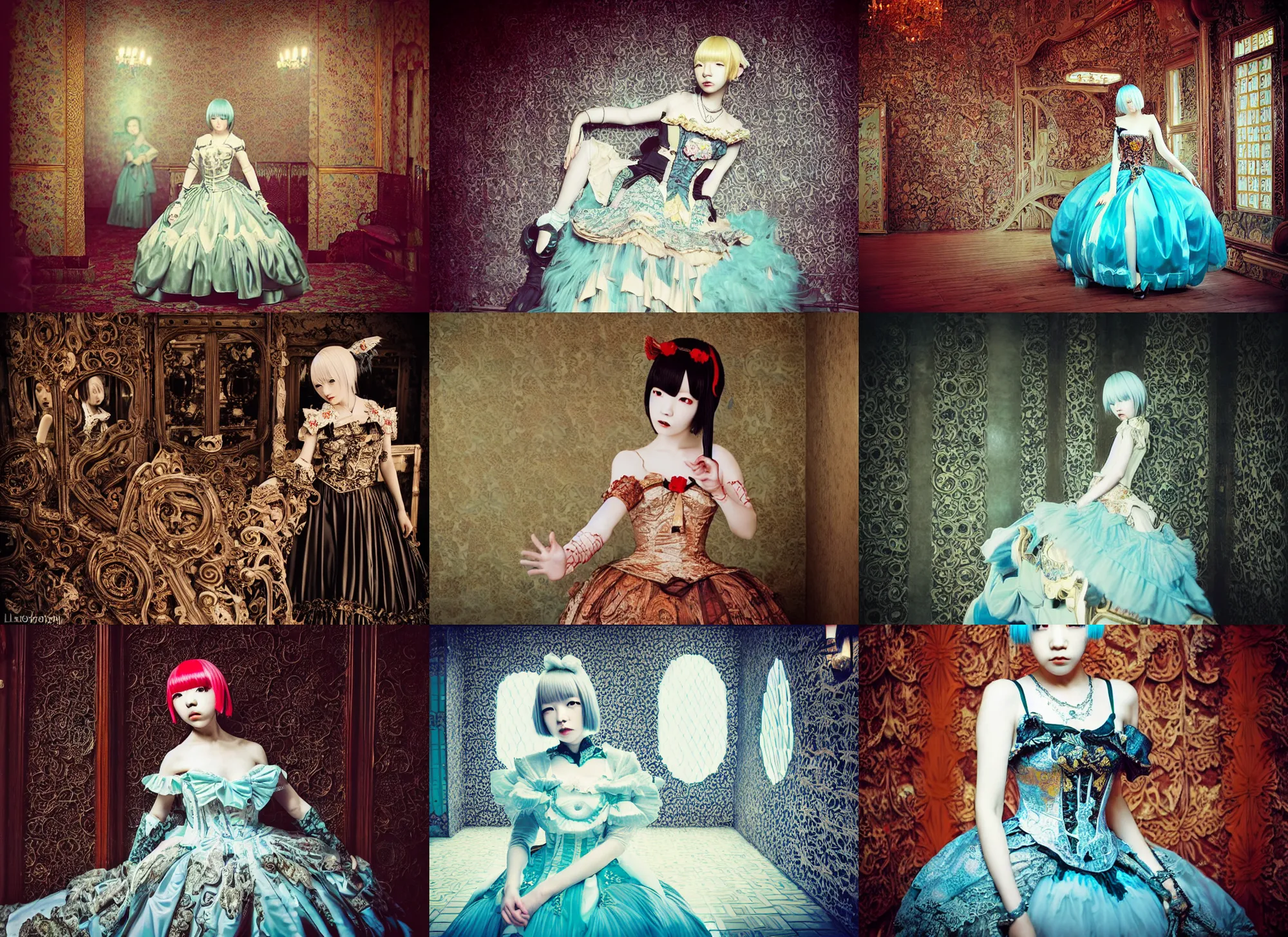 Prompt: lomography, full body portrait photo of many young japanese women like reol in a wide victorian ballroom interior at a crowded masquerade party, wearing an ornate dress designed by antoni gaudi, moody, realistic, dark, skin tinted a warm tone, light blue filter, hdr, rounded eyes,, detailed facial features