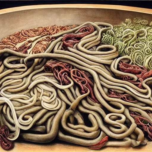 Image similar to miles of intestines filled with food, scientific illustration, gross, intricate detail, artgram,