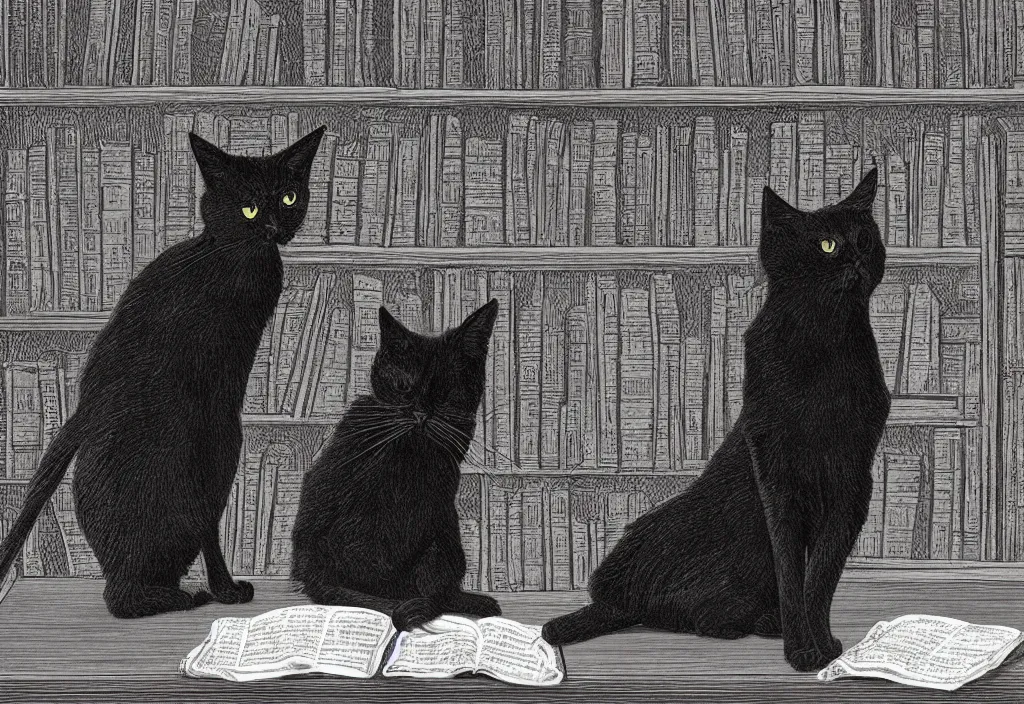 Prompt: a black cat with long hair trying to cast an spell from an old book in a victorian library, digital art, very detailed, trending on artstation