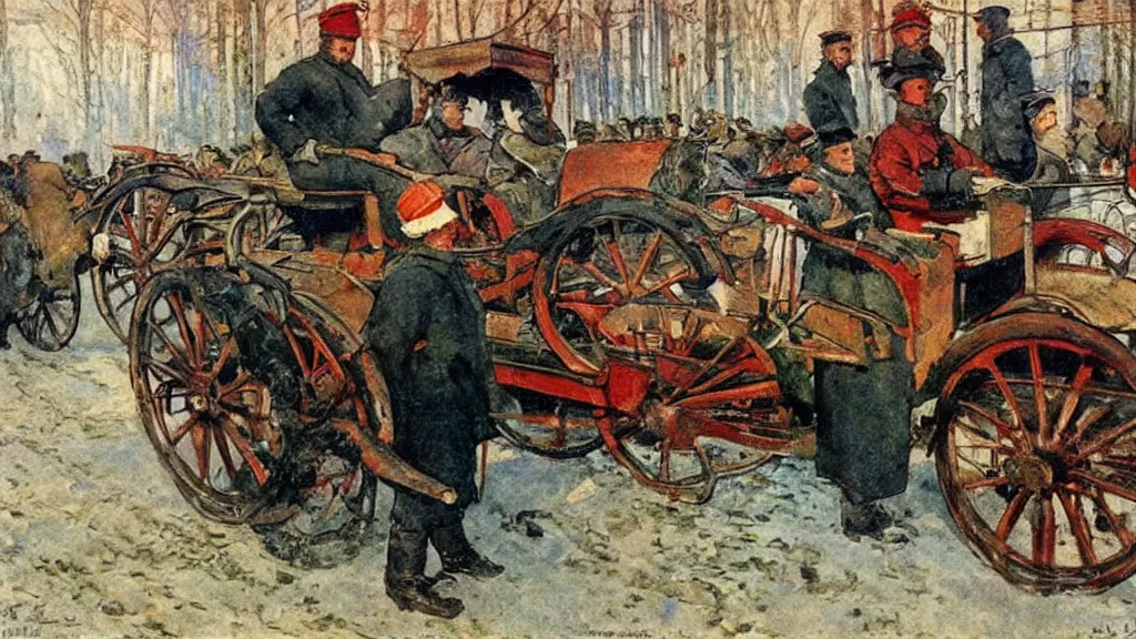 Image similar to russian revolution diesel - powered 1 9 1 0, painting by carl larsson