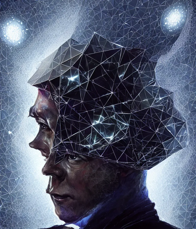 Image similar to front!!! shot of a court jester!!! character, mesmerizing fractal hypercubes, platinum cracked, dark holography!!!, future, metallic galactic, crystalline edges, polygonal, elegant, highly detailed, centered, (((artstation, concept art, jagged, sharp focus, artgerm, Tomasz Alen Kopera, Peter Mohrbacher, donato giancola, Joseph Christian Leyendecker, WLOP, Boris Vallejo))), ((raytracing)), mugshot!!!!!, ugly!!!!!!, octane render, nvidia raytracing demo, octane render, nvidia raytracing demo, octane render, nvidia raytracing demo, 8K, cinematic, masterpiece, fine portrait