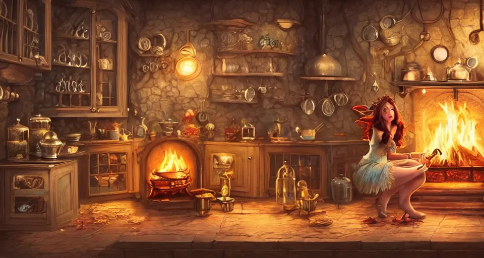 Prompt: a close - up of a fairy in a vintage magical kitchen, with a fireplace in the background d & d, fantasy, intricate, elegant, sticker illustration, artstation, concept art, smooth, sharp focus