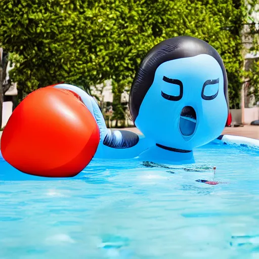 Image similar to a giant inflatable pool toy human head with open mouth on realistic water, long shot, hyper detailed, hyper realistic, ray tracing, 8 k resolution, sharp focus, realistic water, award winning