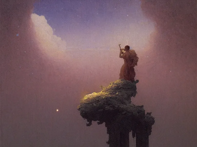 Image similar to a detailed profile oil painting of a men floating over a toiled, aurora lighting clouds and stars by beksinski carl spitzweg and tuomas korpi. baroque elements. baroque element. intricate artwork by moebius. Trending on artstation. 8k