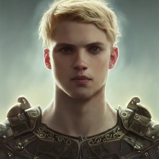 Image similar to portrait painting of a young melancholic man with a soft face and short light blonde hair wearing armor, ultra realistic, concept art, intricate details, eerie, highly detailed, photorealistic, octane render, 8 k, unreal engine. art by artgerm and greg rutkowski and charlie bowater and magali villeneuve and alphonse mucha