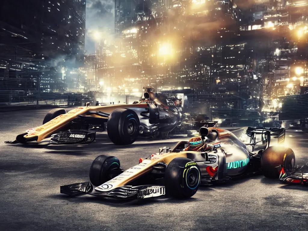 Prompt: A hyper realistic photo of Lewis Hamilton standing on his F1 car after winning a race, golden glow, cyberpunk, detailed, octane render, 8k,