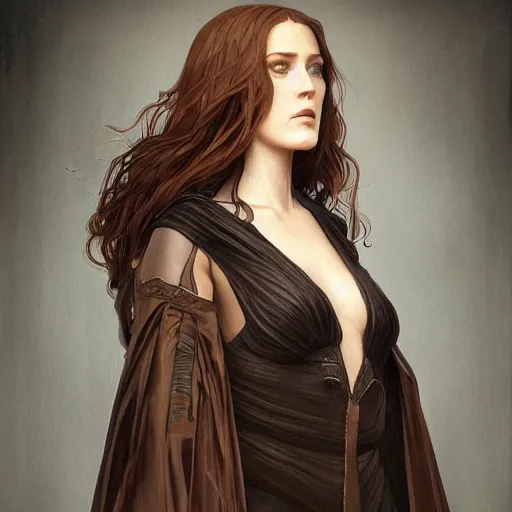 Prompt: full figure ultra realistic illustration, evan rachel wood wearing a futuristic black robe, brown flowy hair, old west, intricate, elegant, highly detailed, digital painting, artstation, concept art, smooth, sharp focus, illustration, art by artgerm and greg rutkowski and alphonse mucha