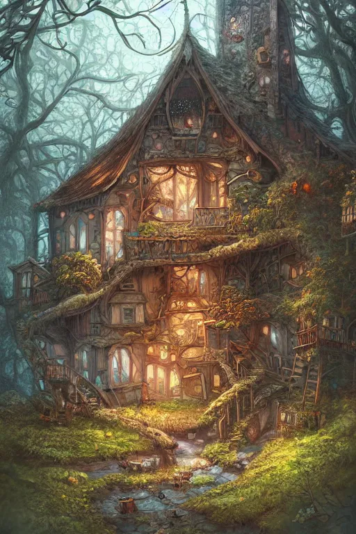 Image similar to a storybook illustration of a ramshackle multistory fairytale hut in the forest, intricate, elegant, fantasy, highly detailed, digital painting, concept art, sharp focus, artstation