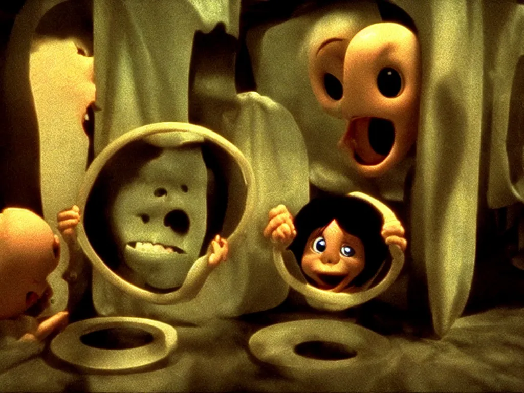 Prompt: Disney Pixar's The Ring Ringu horror 35mm film still spooky scary cute television scene