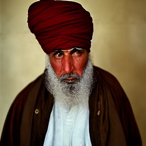 Image similar to portrait of president millard fillmore as afghan man, green eyes and red turban looking intently, photograph by steve mccurry