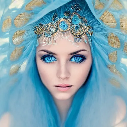 Image similar to goddess, mother god, beautiful, majestic, beautiful blue big eyes, long blond hair, dressed with white silk and head veil, goodness, love light life, grace, goodness, sweet, intelligent, sparkles of light on his head, blue sky