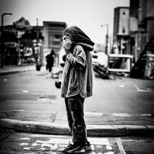 Image similar to candid photo of a real life homeless dirty minion living on the street, bum photography, detailed portrait shot, 35mm, lens, sony a7z, moody, sad, flickr, hyper realistic, real life, 4k, UHD