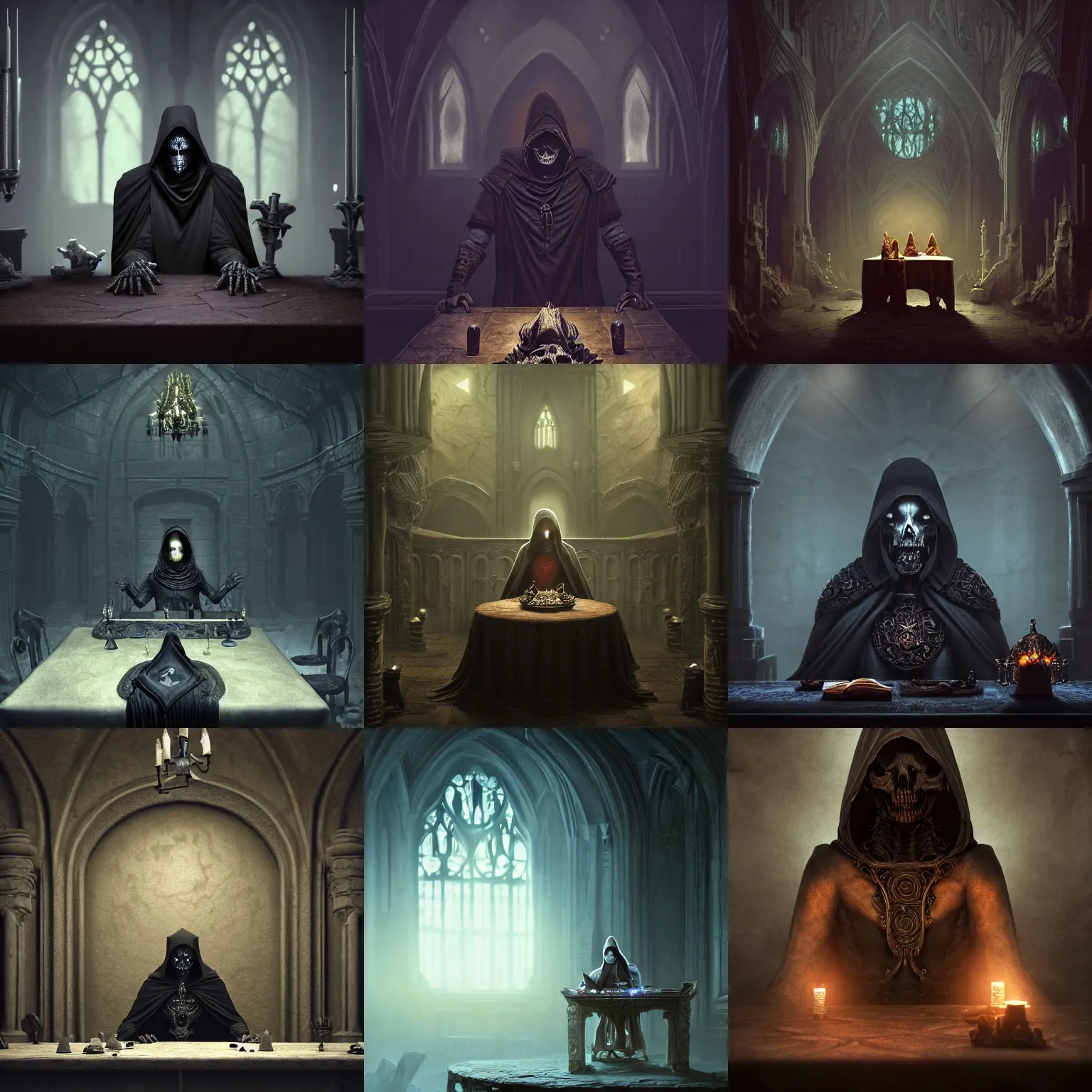 Prompt: necromancer sitting at table, wearing a dark ornate hood, close-up, dark stone room, filled with shadows, fantasy, low visibility, low brightness, gray stone, oppressive, shadows, crypt, midnight, 4k, bones, very realistic, octane render, dark colors, matte colors, by Jessica Rossier, by artgerm