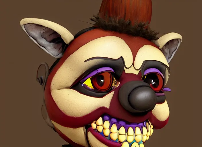 Image similar to award - winning detailed concept art of a creepy clown fnaf animatronic puppet anthropomorphic raccoon character wearing clown makeup face paint. art by wlop on bcy. net, realistic. detailed fur, art by cheng yi. artstationhd, artgerm, 3 dcg, pixar zootopia. 3 d rendering, high quality model sheet detailed