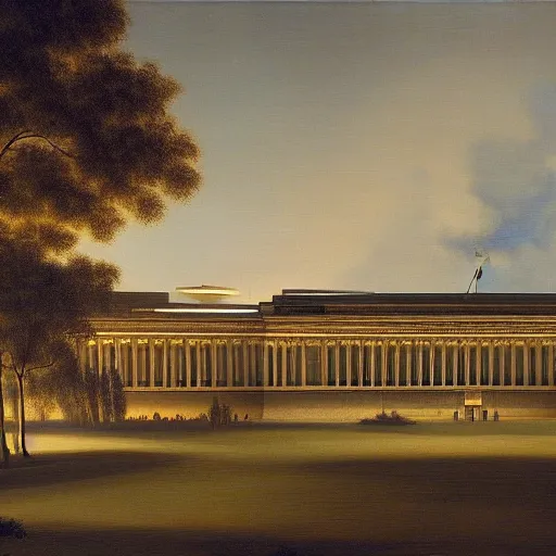 Prompt: australian parliament house in the style of john martin, epic, volumetric, dark lighting, painting, canberra