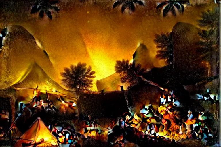 Prompt: rembrandt oil painting of a campsite with bonfire