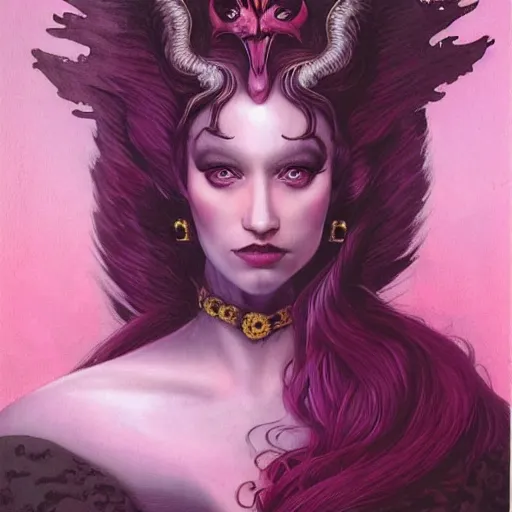 Prompt: portrait of princess of the dreamlands and moon beast, beautiful! coherent! by brom, deep colors, red maroon purple pink black, strong lines, rule of thirds, head centered