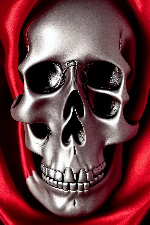 Prompt: chrome cyclops skull statue layed on a red silk fabric, by hedi xandt and antonio corradini, macabre art, dark surrealism, epic and cinematic view, volummetric light, texturized, detailed, 8 k