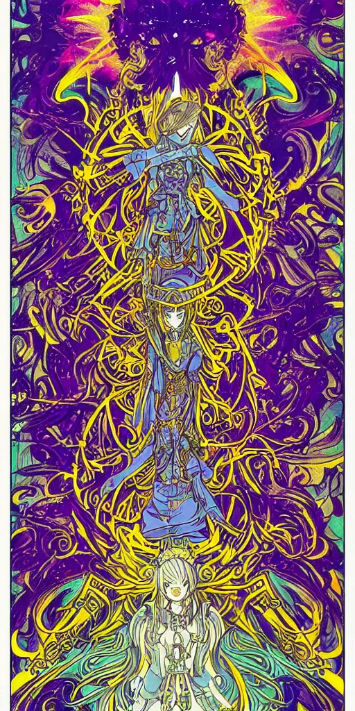 Image similar to a mage from final fantasy 14, intricate, amazing line work, cosmic, psychedelic, cheerful, colorful, tarot cards,