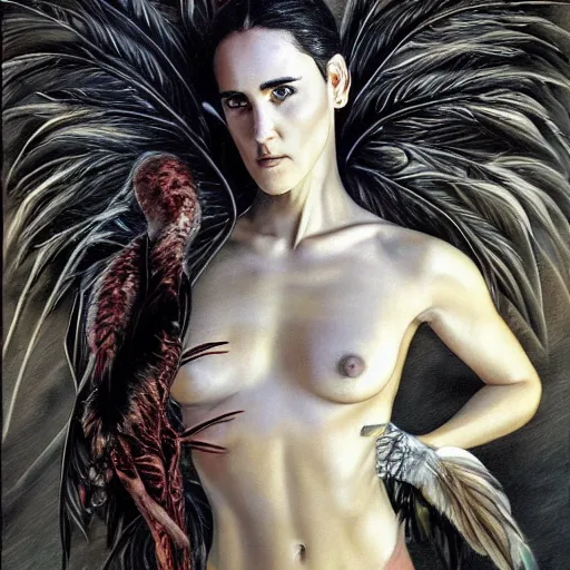 Image similar to detailed realistic oil painting youthful young alien jennifer connelly with black feathers instead of hair, dark fae, black eyes, black lips, uncanny valley, gray mottled skin, feathers growing out of skin, feathers growing from arms, black hands with long black claws, pale and sickly, profile view, full body, gothic, giger - - ar 9 : 1 6